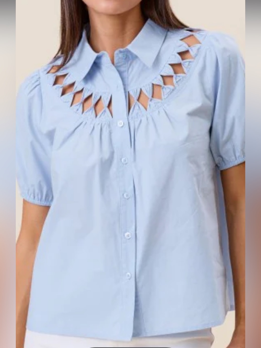 ABLE Los Angeles Light Blue Cutout Dorian Blouse Med Short Puff Sleeve Coquette